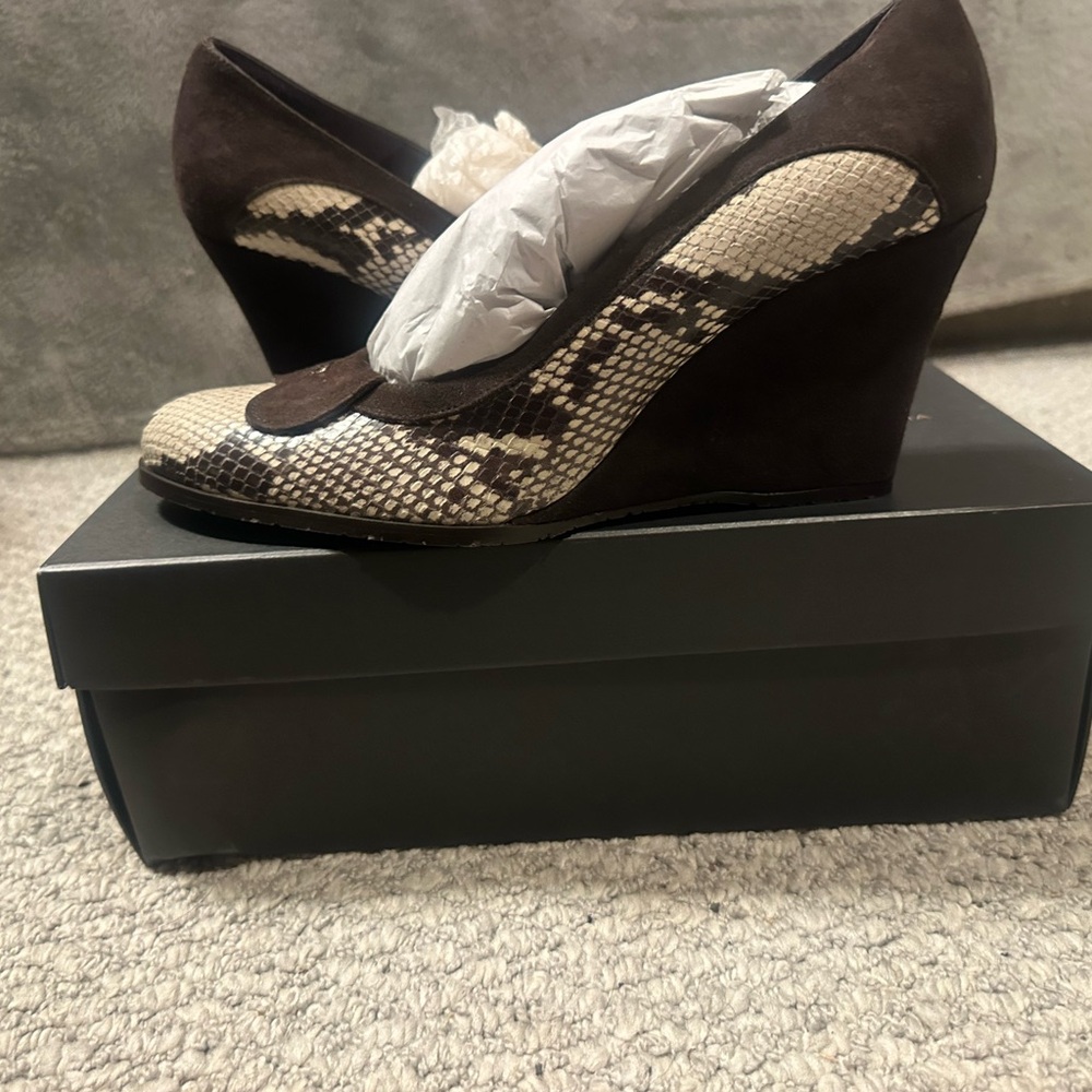 BCBGMaxAzria Brown Suede Wedges with Snake-Print Accent